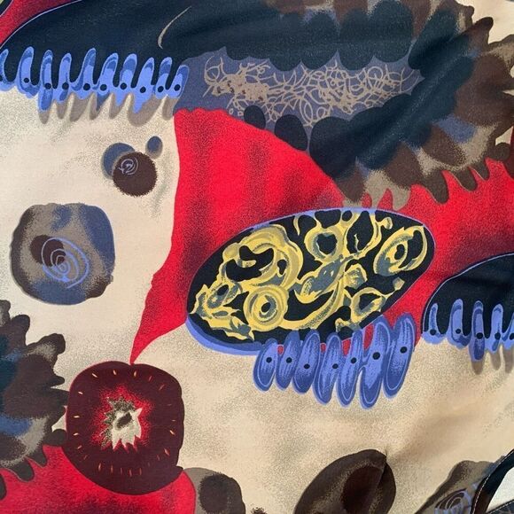 Vintage Dress Maxi Cream Red Brown Printed Abstract Art Sleeveless Scoop Neck - Picture 7 of 10